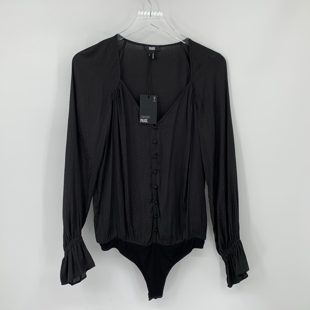 Paige Delanie bodysuit black blouse top shirt poet sleeves full silky dot new S